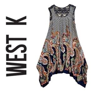WEST K Sleeveless Asymmetrical Lace Dress Tunic Top Navy Boho Paisley Women’s S